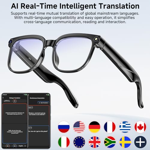 AI Smart Glasses with Camera, 4K 800W HD Video Recording Glasses with Audio, Bluetooth Sunglassess with Camera, Real-Time Translation, Voice Assistant, Object Recognition, Hands-Free Music Calls