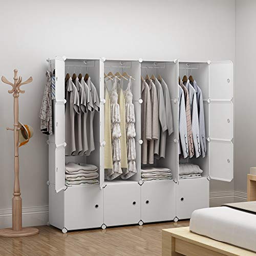GEORGE&DANIS Portable Wardrobe Plastic Modular Closet Organization Customizable Cube Storage Organizer Bedroom Armoire Dresser, White, 4x4 Tiers