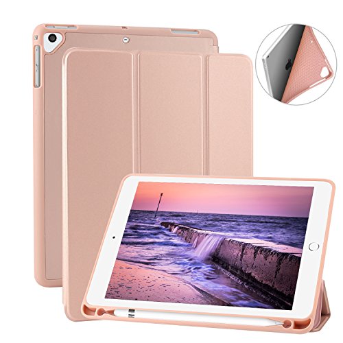 iPad 9.7 Inch 2018/2017 Case with Pencil Holder - Jdomall Slim Soft TPU Back Cover and Trifled Stand with Auto Sleep/Wake, Protective for Apple iPad 6/5th Generation（Rose gold）