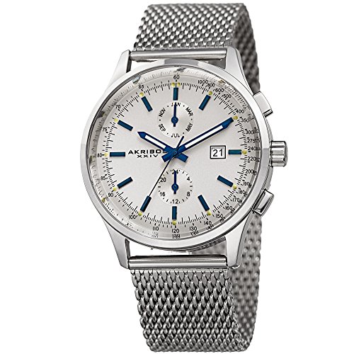 Akribos XXIV Men's Silver-Tone Case with Blue Accented White Dial on Silver-Tone Stainless Steel Mesh Bracelet Watch AK944SS