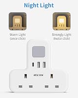 Mscien Double Plug Adaptor with USB C 2 USB A Night Light UK Plug view 2
