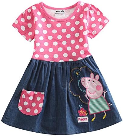 peppa pig clothing Little Girls' Spring Summer Fall Short-Sleeve Cartoon Dot Alphabet Flowers Stitching Natural Cotton Dresses,RoseRed,4(4-5Y)
