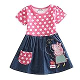 peppa pig clothing Little Girls' Spring Summer Fall Short-Sleeve Cartoon Dot Alphabet Flowers Stitching Natural Cotton Dresses,Fuchsia/Blue,5(5-6Y)