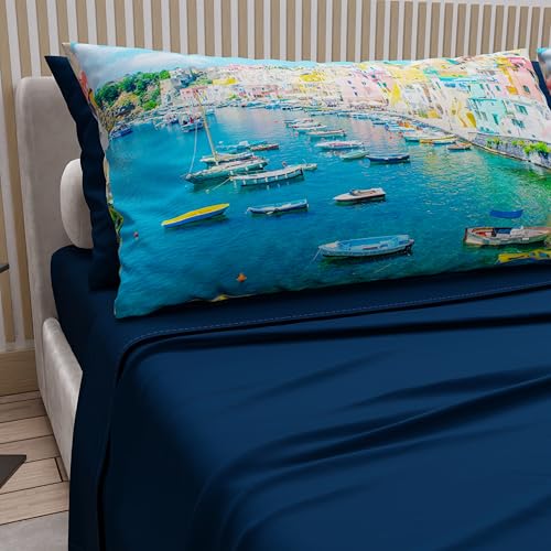 PETTI Artigiani Italiani - Bettwäsche aus Baumwolle mit Kissenbezügen mit Digitaldruck, Bettlaken für Einzelbett, Bettwäsche-Set Muster Procida Nachtblau, 100% Made in Italy