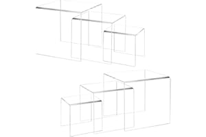 Pwbarwq Clear Acrylic Display Risers 2 Sets, 6 Pcs Tall Stands, 0.12" Thick Square Shelf for Figure, Action, Dessert, Jewelry Showcase