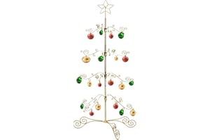HOHIYA 3 Ft Wrought Iron Ornament Display Stand 56-Hook Metal Christmas Tree Alternative for Ornaments Glass Baubles Halloween Year-Round Displays Rack for Tabletop Taiwan Made Gold