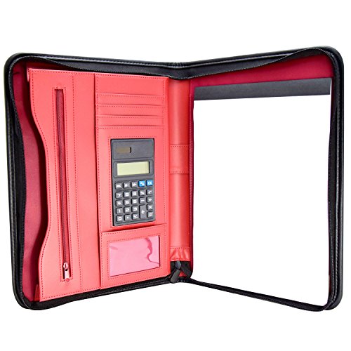 Mewmewcat Portable Professional Business Portfolio Padfolio Folder Document Case Organizer A5 PU Leather Zippered Closure With Calculator Holder Memo Note Writing Pad