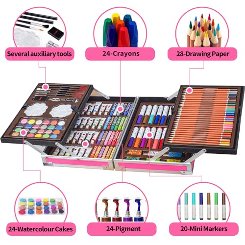 KINSPORY Briefcase Paints for Children, 139 Pieces Drawing Games, Watercolor Pencils with Wooden Box (Red)