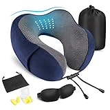 MOICO Travel Pillow 100% Pure Memory Foamï¼Œ360-Degree Head Support Neck & Cervical Pillowsï¼ŒMachine Washableï¼ŒAirplane Car Flight Neck Pillow Kit with 3D Sleep Mask, Earplugs, and Luxury Bag (Blue)