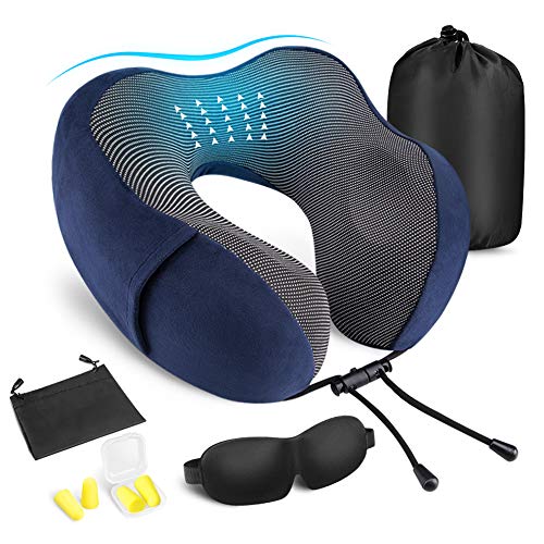 MOICO Travel Pillow 100% Pure Memory Foam，360-Degree Head Support Neck & Cervical Pillows，Machine Washable，Airplane Car Flight Neck Pillow Kit with 3D Sleep Mask, Earplugs, and Luxury Bag (Blue)