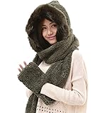 Winter Warm Women Siamese Hoodie Gloves Pocket Earflap Hat Long Scarf Shawl Wraps