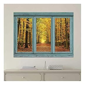 Vintage Teal Window Looking Out Into an Orange Forest During The Fall - Wall Mural, Removable Sticker, Home Decor - 24x32 inches