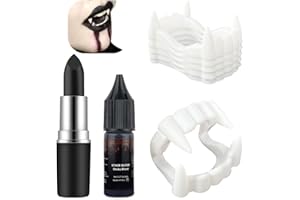 Mysense Vampire Fangs Teeth Fake Blood Makeup Kit, 5 Plastic Fake Teeth, 1 Sticky Stage Blood and 1 Black Lipstick, Vampire Costume Accessories for Halloween SFX Makeup