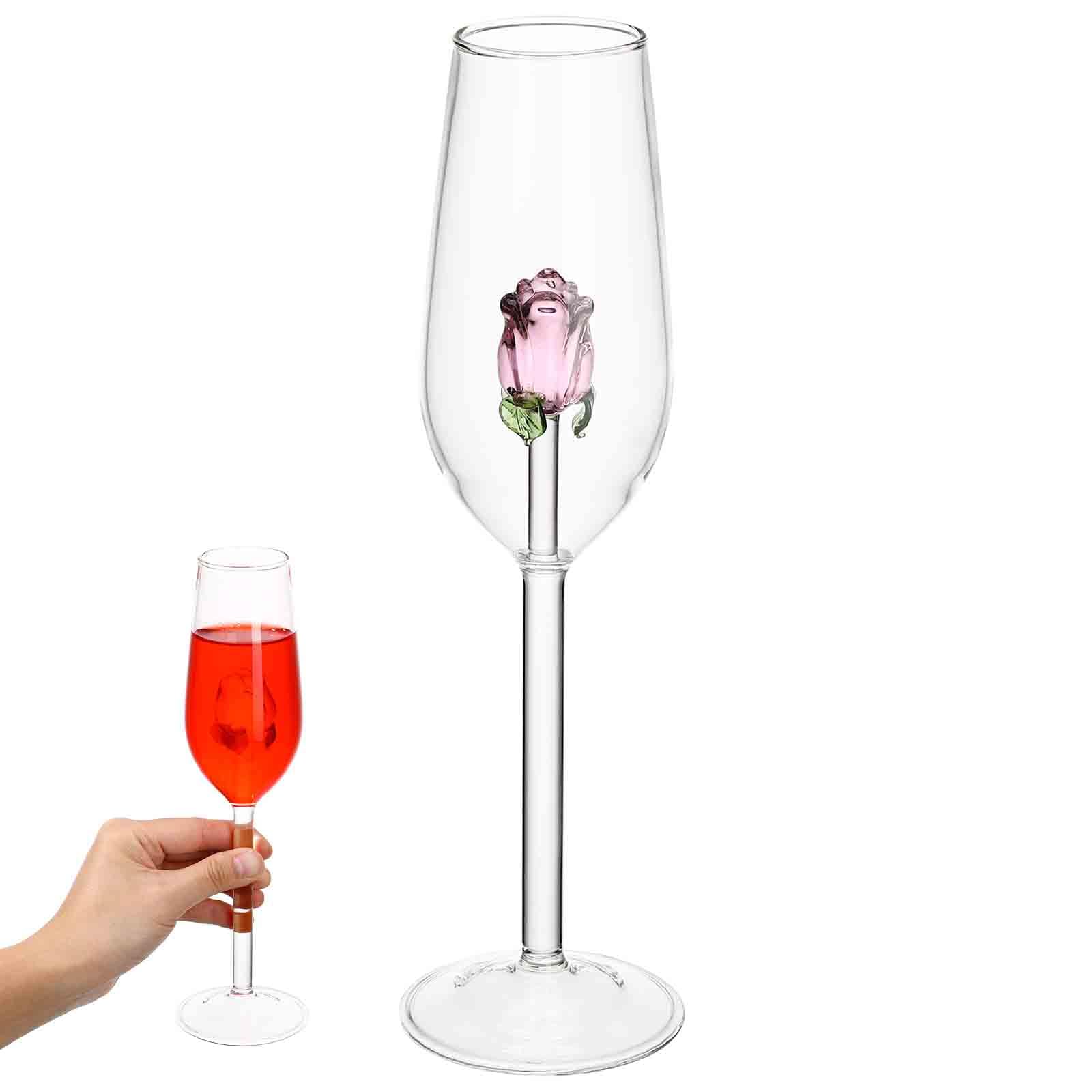 1Pc Wine Glasses with Rose Inside, Unique Romantic Rose Wine Glasses European Style Exquisite Glass Crystal Goblet Cup Red Wine Glass for Wedding, Party, Dinner