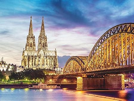 Artland Qualitätsbilder I Glasbilder 80x60 cm Beleuchteter Dom in Köln mit Brücke und Rhein bei Sonnenuntergang F7PJ Köln Bla