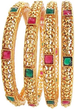 Biyu Filigree Collection Ruby Green Gold Plated Sleek 4pc Bangle
