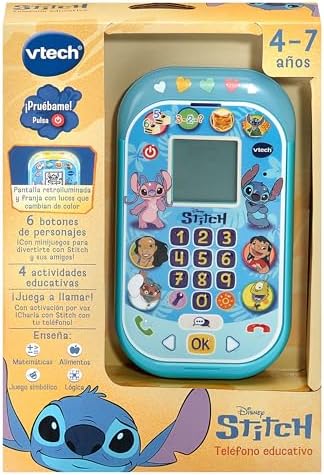 - Telefone educativo Stitch, brinquedos eletrónicos para crianças +4 anos, ecrã LCD, tira de luz, minijogos de matemática, voz original, teclado e chamadas, versão ESP