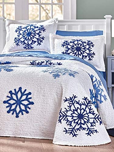 Holiday Home 2 Piece Twin Size Blue Winter Snowflake on White Background 100% Cotton Chenille Bedspread & Pillow Sham Set