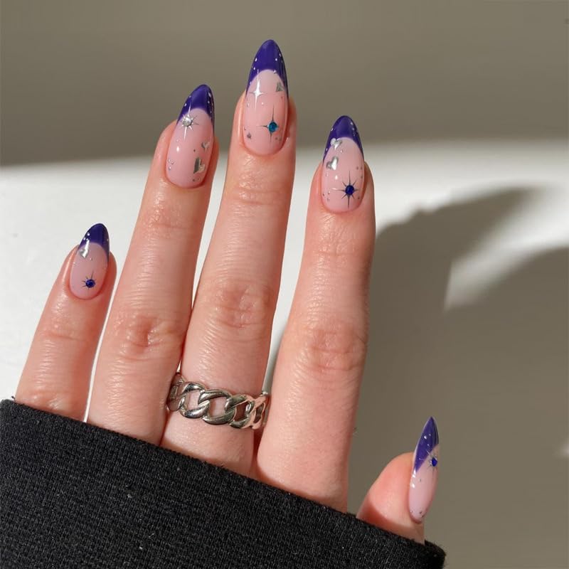 French Tip Press on Nails Medium Almond Fake Nails Blue Nails Tips Star Acrylic Nails with Rhinestone Glue on Nails Glossy Stick on Nails Artificial False Nails for Women Girls 24 Pcs