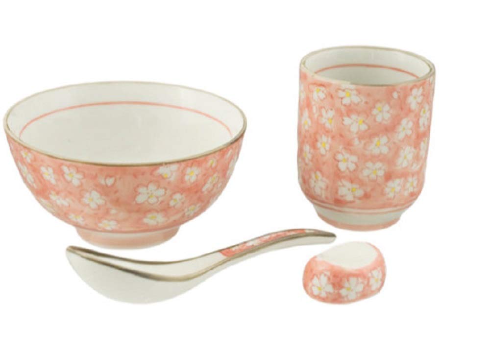 4 Piece Japanese Rice Bowl Set Includes 4.5 Bowl Spoon Chopstick Rest