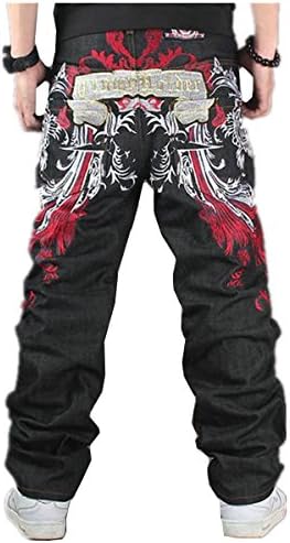 Huafeiwude Mens Fashion Design Hip-hop Embroidered Printed Baggy Denim Jeans Black 6 36