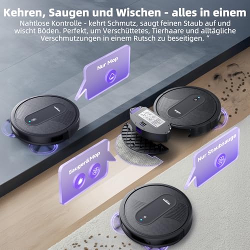 MONSGA Robot Vacuum Cleaner with Mop Function 4000 PA, Suction and Mop Robot 3 in 1.140 min Running Time, 2 Brushes, Vacuum Cleaner Robot with Car Carpet Boost for Pet Hair, Carpet Floors, App Control