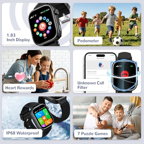 4G Montre Connectée Enfant avec GPS et Visiophonie, Smartwatch Enfants avec Appels, Chat Vocal, SOS, Mode École, Étanchéité IP68, Podomètre, Réveil, Cadeau pour Filles et Garçons de 4 à 15, Noir