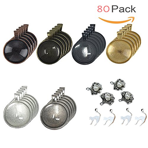 Pendant Trays Round Bezel with Glass Round Clear Dome Tiles Pearl Shell Pendant & Cat Pendant for Crafting Jewelry Making, 80 PCS