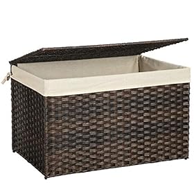 SONGMICS Storage Basket with Lid, Rattan-Style Storage Trunk with Cotton Liner and Handles, for Bedroom Closet Laundry… 51y0rmGWHQL