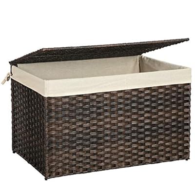 SONGMICS Storage Basket with Lid, Rattan-Style Storage Trunk with Cotton Liner and Handles, for Bedroom Closet Laundry… 51y0rmGWHQL