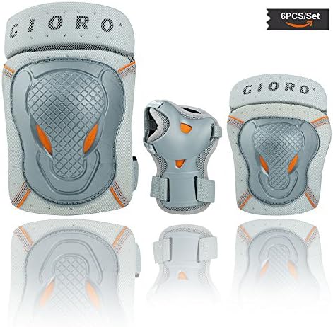 GIORO Youth/adult Knee Pads and Elbow Pads Set with Wrist Guard Safety Protective Gear Set for Multi Sports Protection Skateboarding,Ice Skating,BMX bike,Inline Roller Skating，longboarding (sliver, L)