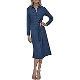 DKNY Womens Long Sleeve Collared Tie Midi Shirtdress