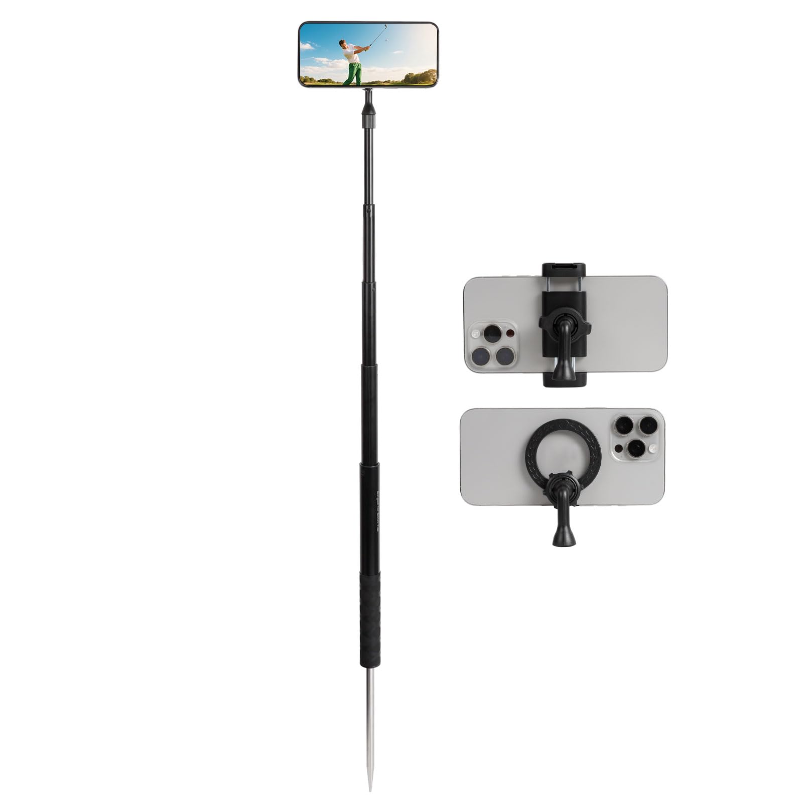 xik Ground Golf Monopod Phone Stand Holder with Spike Stake, 46" Extendable Selfie Stick & Universal 1/4" Screw - Record Stable Hands-Free Golf Swing Videos for magsafe and All Smartphones