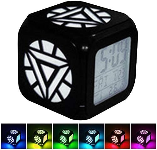 FunkyTop Square 3D Hollowed-Out Light Up Alarm Clock Colorful Night Light Home Decoration Light Daily Temperature, Alarm, Date, for Teenager Adults (Ironman)