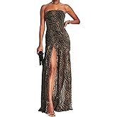 E EMZHOLE Women Tube Top Dress Backless Strapless Mesh Leopard Print Side Slit Cocktail Bodycon Long Dress Party Club Dress ﻿
