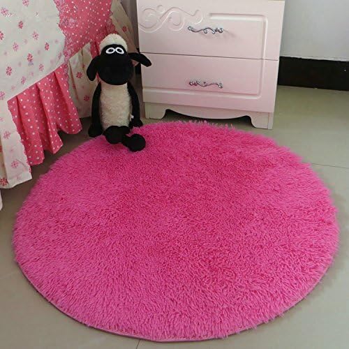 Hoomy Modern Fluffy Rug Round Hot Pink Floor Mats for Bedroom Area Rugs Nonslip High-Pile Floor Rugs for Girls' Room 35-inch