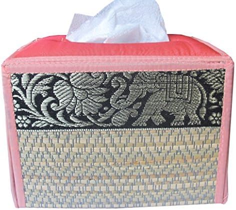 Rectangular Handmade Thai Woven Straw Reed Tissue Box Cover with Gold Silk Elephant Design