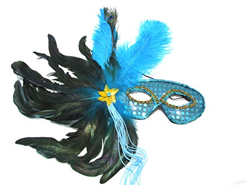 Turquoise Mardi Gras Masquerade Feather Costume Mask or Table Centerpiece Decoration