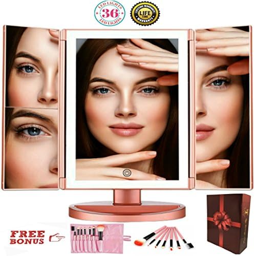 Vanity Makeup Mirror with Lights - Magnifying Mirror with 36 LED's - Tri Fold Lighted Cosmetic Mirror with Dual Power Touch Screen -Travel Mirror - Newer Version
