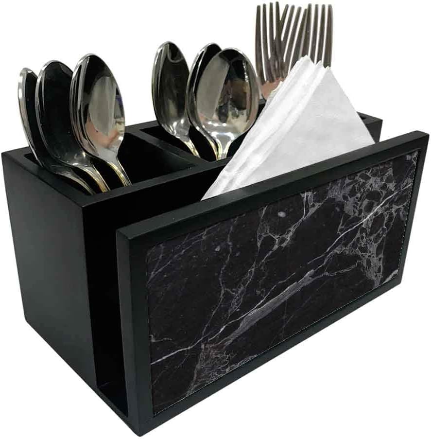 Nutcase Designer Cutlery Tissue Holder Stand Napkin Spoons Forks Knives Organizer - (Cutlery NOT Included) - Black Marble