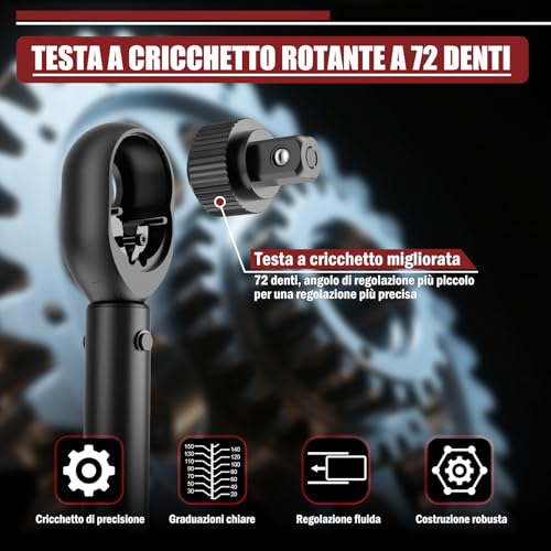 Torque Wrench 1/2" 20-230 Nm - 6 Pieces Car Torque Wrench 72 Teeth Ratchet with Extension Bar & Adapter 1/2" to 3/8" & Sockets 17mm/19mm/21mm for Car, Motorcycle, Tire Change