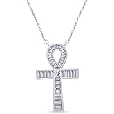 AFFY 925 Sterling Silver Egyptian Ankh Baguette CZ Cross Pendant Necklace