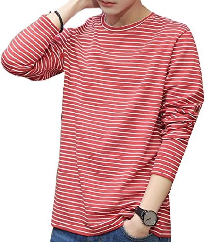 QueenHands Men's Crew-Neck Novelty Pinstripe Stitch Long-Sleeve Slim Tunic Top T-Shirt Red S