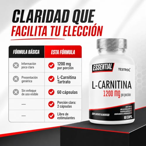 Carnitina Essential 1200mg por porción, L Carnitina Tartatro libre de Estimulantes para Hombre y Mujer, Calidad Premium | TSN Testrol L-Carnitina Essential 60 Cápsulas.