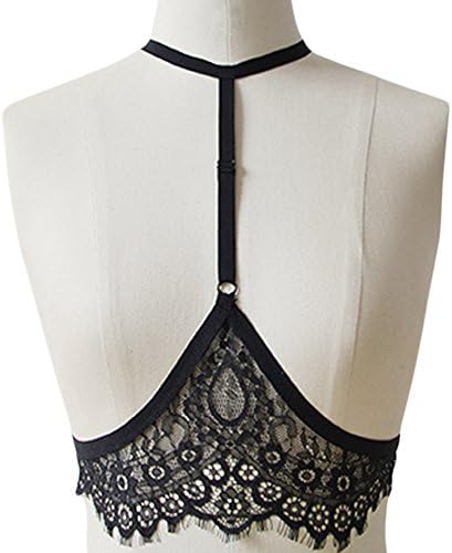Hengguang Women's Sexy Lace Floral Hollow Out Halter Harness Strappy Body Caged Bra Black L
