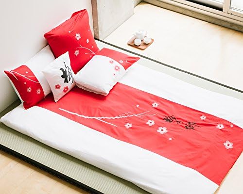 King size white and red 3 piece Duvet Cover Set, coverlet comforter 106"x92" 2 pillows 20"x36". Asian inspired decorative design featuring pink Lotus Plum Blossom and calligraphy