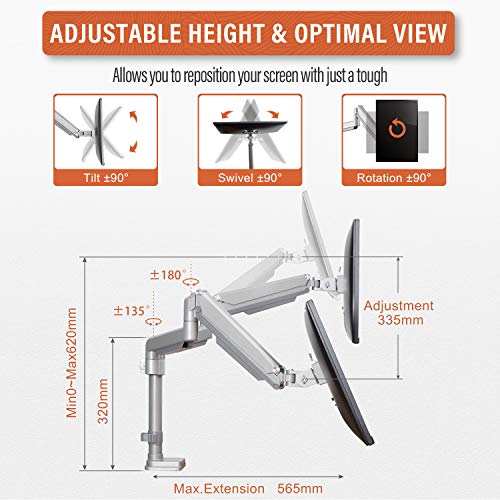 PUTORSEN® PC Dual Monitor Arm - Aluminum Ergonomic Height-Assisted Full Motion Heavy Duty Double Arm Desktop Clamp Mount for 17–32” Screens VESA 75 to 100mm Weight up to 9kg (USB3.0 & Audio Ports)