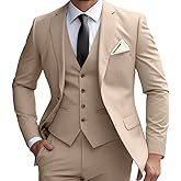 Wrycay Men's 3 Piece Suit Slim Fit Men Tuxedo Suits for Wedding Business 2 Button Solid Blazer Jacket Vest Pants Set, Champagne, XL