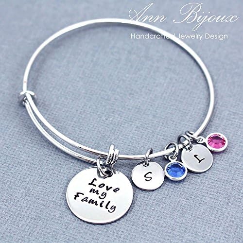 Hand Stamped Initial Adjustable Bangle Love My Family Message Bracelet Stainless Steel Initial Charm Mother Gift