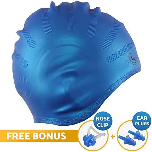 Royal Swim Cap for Long Hair - Good for Women & Men - Waterproof Premium Silicone Swimming Caps - Special Shape for Effective Ear Protection - Keeps Hair Dry - with Nose Clip & Ear Plugs